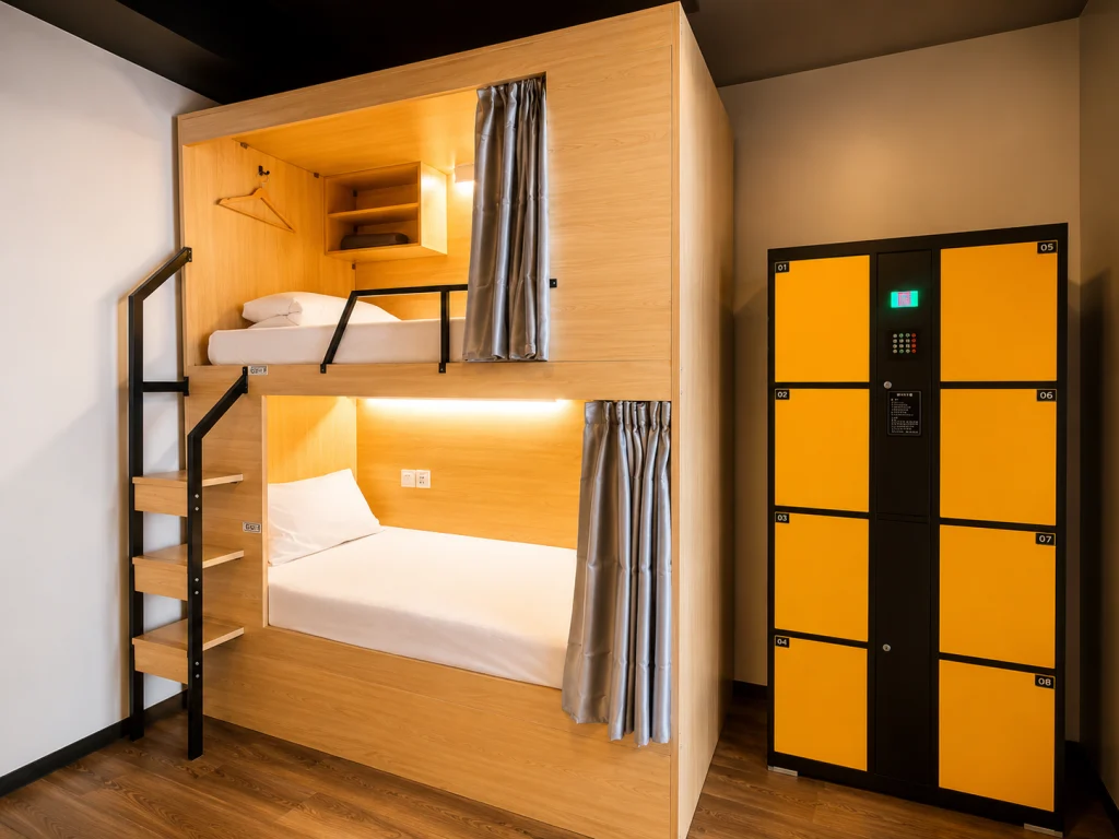 Bunks and lockers in the family room at Travelogue Guesthouse, Bukit Bintang, Kuala Lumpur